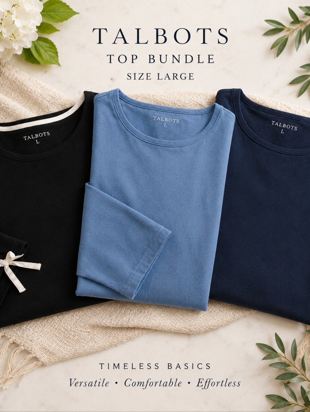 Talbots Size Large Top Bundle Teal Long Sleeve, Black and Blue 3/4 Sleeve Tops
